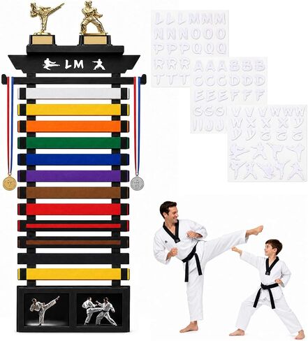 12 Belt Karate Belt Display Rack with Trophy Shelf, 2 Picture Frames and Medal Hanger, Bamboo Wood Taekwondo Belt Display with Letter Stickers for Training Room, Home Gym (36.6IN) in Kuwait