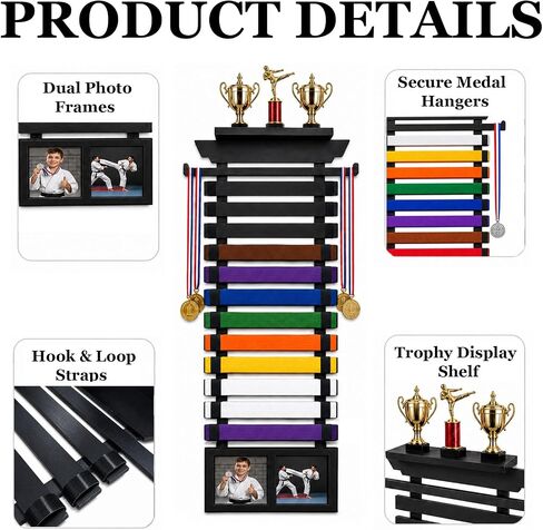 12 Belt Karate Belt Display Rack with Trophy Shelf, 2 Picture Frames and Medal Hanger, Bamboo Wood Taekwondo Belt Display with Letter Stickers for Training Room, Home Gym (36.6IN) in Kuwait