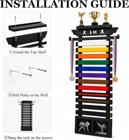 12 Belt Karate Belt Display Rack with Trophy Shelf, 2 Picture Frames and Medal Hanger, Bamboo Wood Taekwondo Belt Display with Letter Stickers for Training Room, Home Gym (36.6IN) in Kuwait