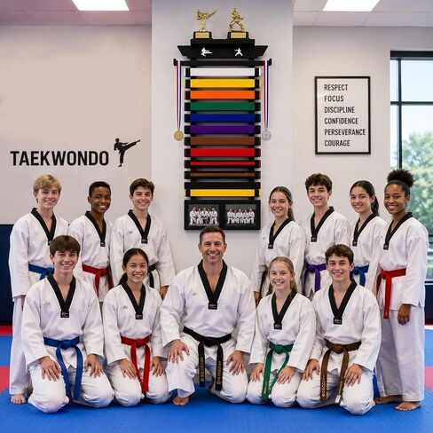 12 Belt Karate Belt Display Rack with Trophy Shelf, 2 Picture Frames and Medal Hanger, Bamboo Wood Taekwondo Belt Display with Letter Stickers for Training Room, Home Gym (36.6IN) in Kuwait
