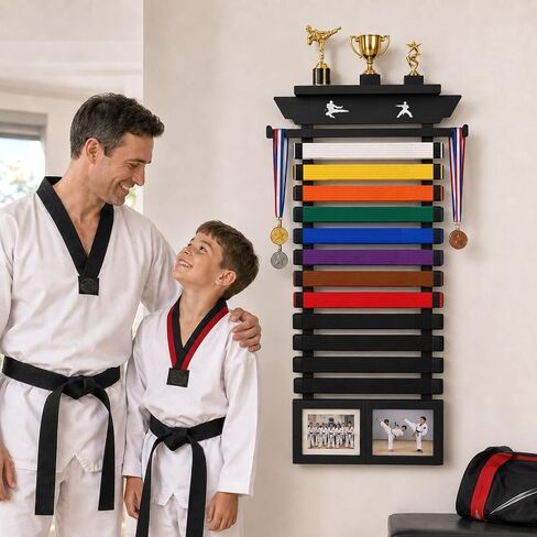 12 Belt Karate Belt Display Rack with Trophy Shelf, 2 Picture Frames and Medal Hanger, Bamboo Wood Taekwondo Belt Display with Letter Stickers for Training Room, Home Gym (36.6IN) in Kuwait