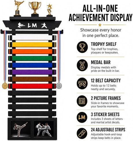 12 Belt Karate Belt Display Rack with Trophy Shelf, 2 Picture Frames and Medal Hanger, Bamboo Wood Taekwondo Belt Display with Letter Stickers for Training Room, Home Gym (36.6IN) in Kuwait