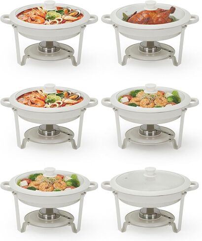 Maifanite-Coated Chafing Dishes for Buffets, 6 Pack 5.3QT White Round Chafing Dish Set with Transparent Lids, Stainless Steel Commercial Food Warmer for Parties, Weddings, Restaurants & Catering in Kuwait
