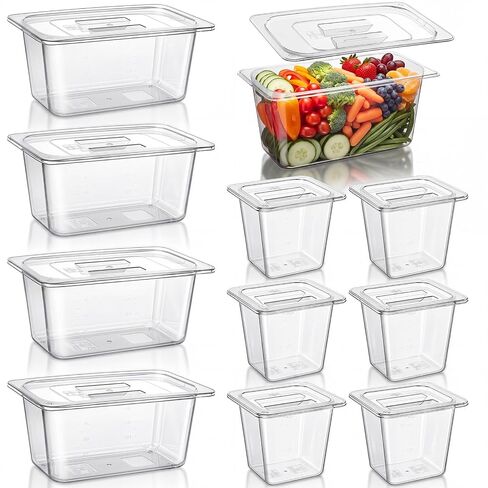 Sliner 10 Pack Plastic Clear Food Pans with Lids, Stackable and Freezer Safe Commercial Food Storage Containers for Fridge Salad Polycarbonate (6" 1/3+1/6 Set) in Kuwait