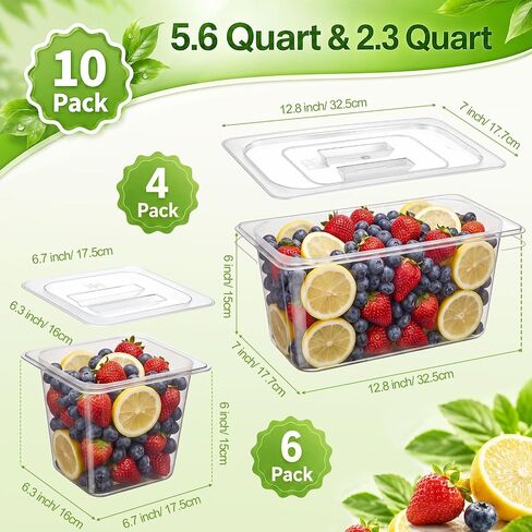 Sliner 10 Pack Plastic Clear Food Pans with Lids, Stackable and Freezer Safe Commercial Food Storage Containers for Fridge Salad Polycarbonate (6" 1/3+1/6 Set) in Kuwait