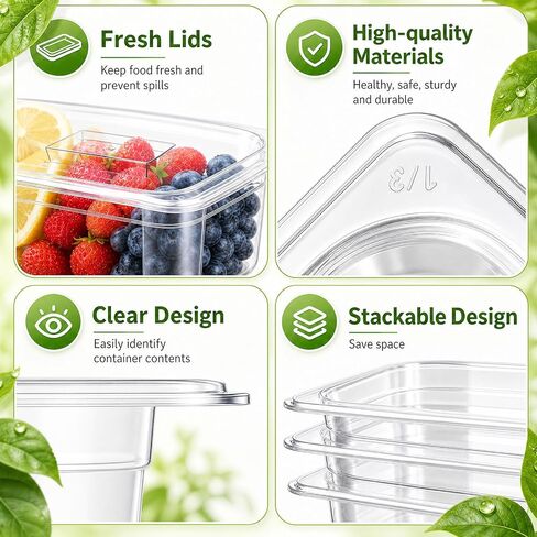 Sliner 10 Pack Plastic Clear Food Pans with Lids, Stackable and Freezer Safe Commercial Food Storage Containers for Fridge Salad Polycarbonate (6" 1/3+1/6 Set) in Kuwait