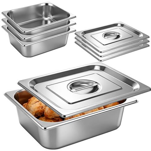 4 Pack Hotel Pan with Lid, Stainless Steel Deep Steam Table Pan, 5.9 L Stackable Food Storage Container for Kitchen, Restaurant, Catering, Buffet Serving in Kuwait