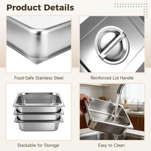 4 Pack Hotel Pan with Lid, Stainless Steel Deep Steam Table Pan, 5.9 L Stackable Food Storage Container for Kitchen, Restaurant, Catering, Buffet Serving in Kuwait