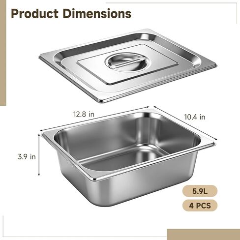 4 Pack Hotel Pan with Lid, Stainless Steel Deep Steam Table Pan, 5.9 L Stackable Food Storage Container for Kitchen, Restaurant, Catering, Buffet Serving in Kuwait