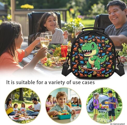Skateboard Dino Lunch Bag for Boys 4-8 – Compact 8.6"x8.2"x5.1" Food-Grade PEVA Lining (Easy Clean), Keeps Ice Packs Frozen 5h, Mesh Pocket – for School, Beach, Ages 3-8 in Kuwait