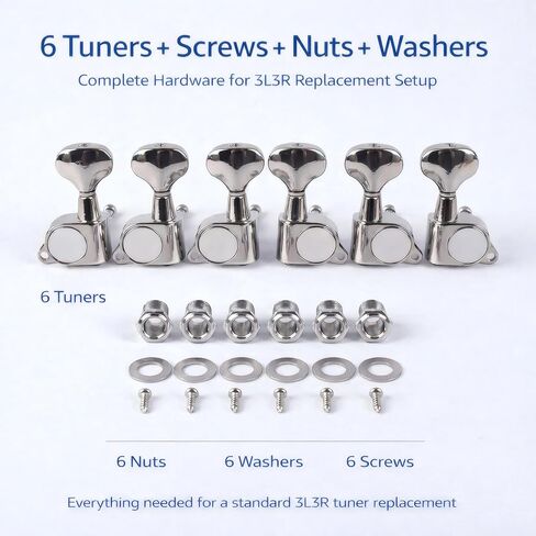 Guitar Tuners, 3L3R Sealed Tuning Pegs, 18:1 Guitar Machine Heads, 6-Pack with Screws Nuts and Washers, Silver-Plated Finish in Kuwait