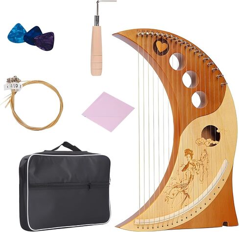 19-String Lyre Harp with Carved Design, Solid Wood Body, Includes Accessories, Autoharp with Tuner, Portable, Easy to Play, for All Skill Levels in Kuwait