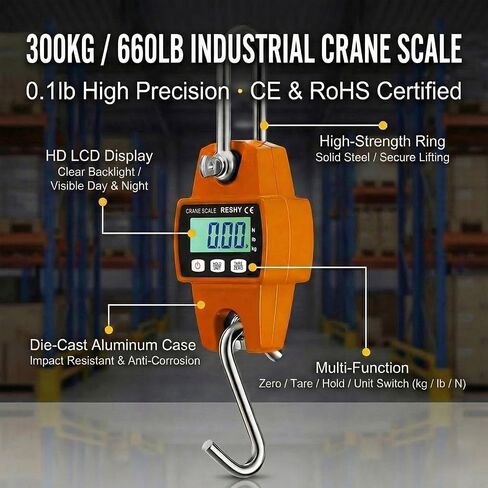 RESHY 660lb Digital Hanging Scale with Cast Aluminum Case, Portable Heavy Duty Crane Scale 300kg for Farm, Deer Hunting, Fishing, Livestock & Garage in Kuwait