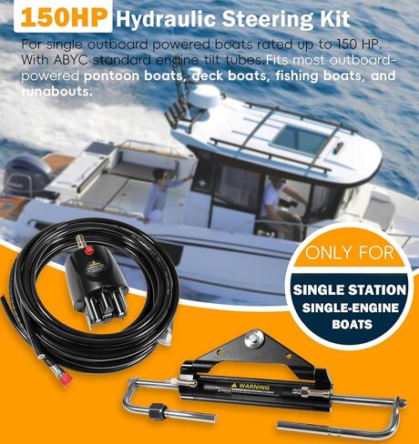 𝑵𝒆𝒘 150HP طقم التوجيه الهيدروليكي الخارجي نظام القارب البحري، أسطوانة قفل مدمجة ثنائية الاتجاه، خرطوم نايلون عالي القوة بطول 26 قدمًا للاستخدام بمحرك واحد فقط in Kuwait