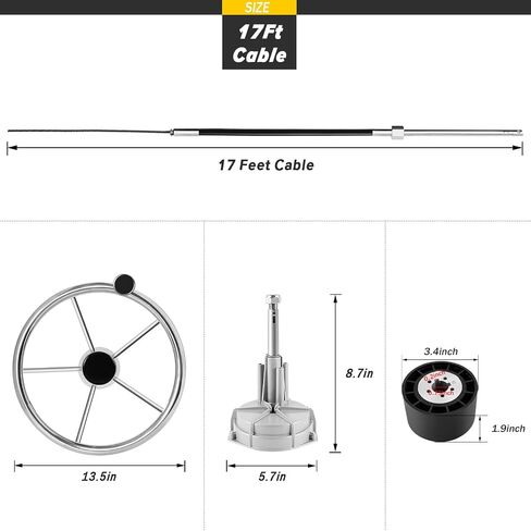 Boat Steering Control Cable, 17ft Cable Outboard Steering Kit 3/4" Standard Tapered Shaft, Marine Steering System for Yachts and Other Watercraft in Kuwait