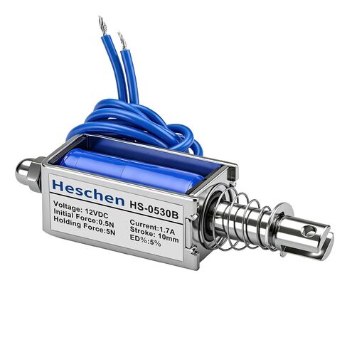 Heschen DC Solenoid Electromagnet, Push Pull Type, HS-0530B, DC12V 1.7A, 10mm Stroke, Initial Force 0.5N, Max Keep Force 5N, Open Frame, Linear Motion in Kuwait