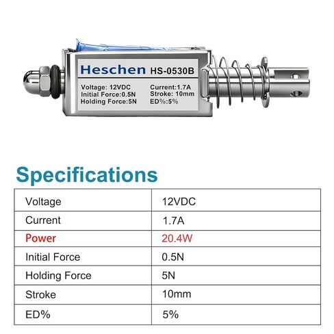 Heschen DC Solenoid Electromagnet, Push Pull Type, HS-0530B, DC12V 1.7A, 10mm Stroke, Initial Force 0.5N, Max Keep Force 5N, Open Frame, Linear Motion in Kuwait