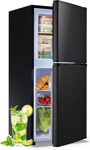 DEMULELR 3.9Cu.ft Small Refrigerator with Freezer Two Door Fridge with Crisper Drawer & Extra Drink Space, LED Light, Small Fridge for Dorm Office Home 17.5"D x 17.7"W x 40"H，Black in Kuwait