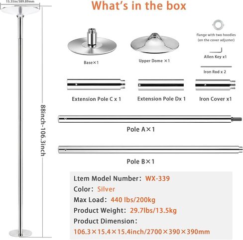 WUXIN H&P Pole Dance Pole for Home - Professional 45mm Spinning Static Dancing Pole, No Ceiling Damage, Height Adjustable, Portable Removable Fitness Pole for Exercise Club Party Pub in Kuwait