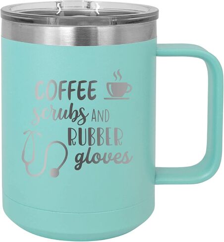 CustomGiftsNow Coffee Scrubs And Rubber Gloves - Nurse - Stainless Steel Double-Wall Insulated 15-Ounce Truck Car Travel Coffee Cup Tumbler Mug with Handle, Sliding Lid in Kuwait