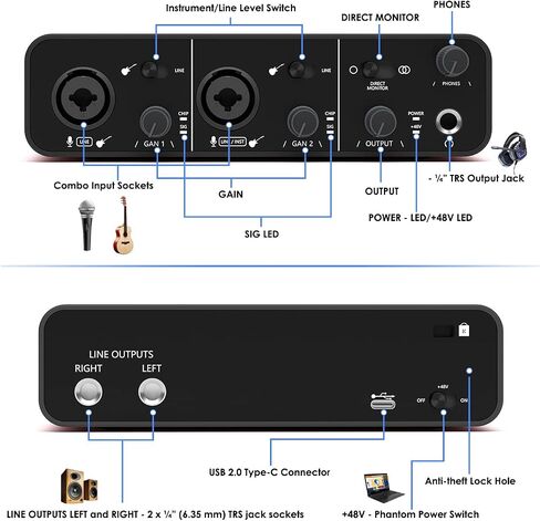 LVY USB-C Audio Interface, 24Bit/192kHz for Recording Podcasting and Streaming, 48V Phantom Power, Plug and Play Ultra-low Latency Noise-Free (No Software Included) in Kuwait