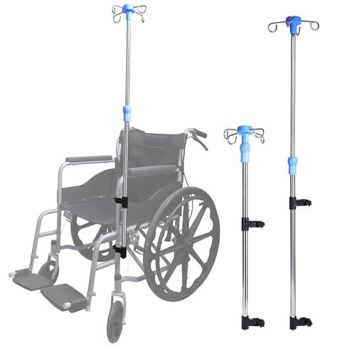 Wheelchair IV Pole Stainless Steel Infusion Stand – Adjustable Height Medical IV Drip Holder with 4 Hooks, Clamp-On Design for Wheelchairs and Hospital Beds in Kuwait
