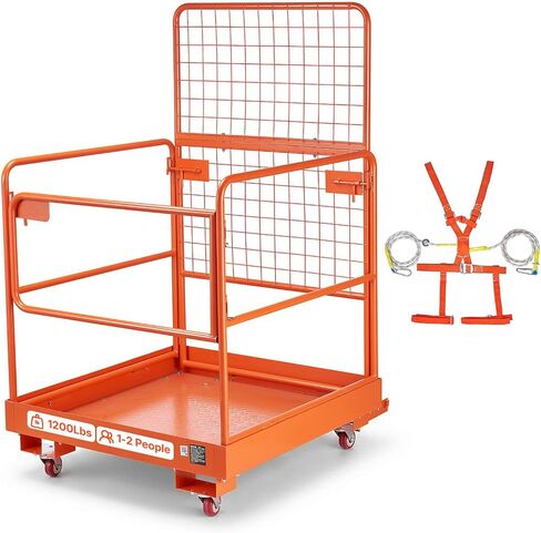 VEVOR Forklift Man Basket, 36.2 x 41.1 Inch Forklift Safety Cage with 4 Wheels, 1200 lbs Capacity, Heavy Duty Work Platform Collapsible Lift Basket, Safety Harness, for Aerial Work Lifting Loader in Saudi Arabia