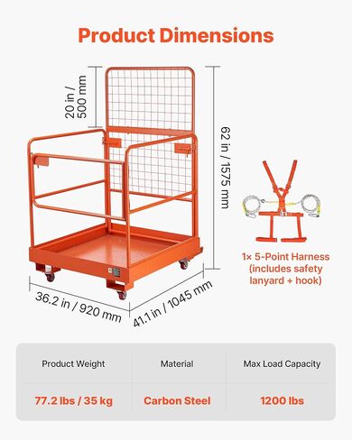 VEVOR Forklift Man Basket, 36.2 x 41.1 Inch Forklift Safety Cage with 4 Wheels, 1200 lbs Capacity, Heavy Duty Work Platform Collapsible Lift Basket, Safety Harness, for Aerial Work Lifting Loader in Saudi Arabia