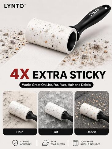 Extra Sticky Pet Hair Lint Roller — 300-Sheet Value Set with Upgraded Handle and 5 Rolls, Powerful Portable Hair Remover for Clothes, Furniture, Couches, Dogs & Cats in Kuwait