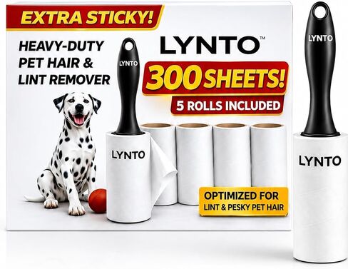 Extra Sticky Pet Hair Lint Roller — 300-Sheet Value Set with Upgraded Handle and 5 Rolls, Powerful Portable Hair Remover for Clothes, Furniture, Couches, Dogs & Cats in Kuwait