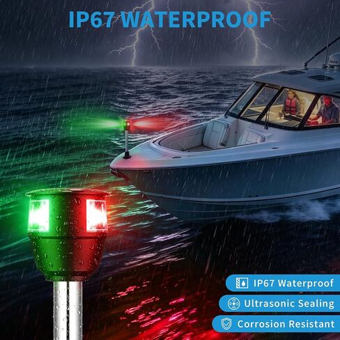 Obcursco LED Boat Navigation Lights with Task Light, 12 Inch Straight Pole Red and Green Bi-Color Bow Lighting, 2NM Visibility for Pontoon, Jon Boat, Kayak, and Fishing Boat in Kuwait