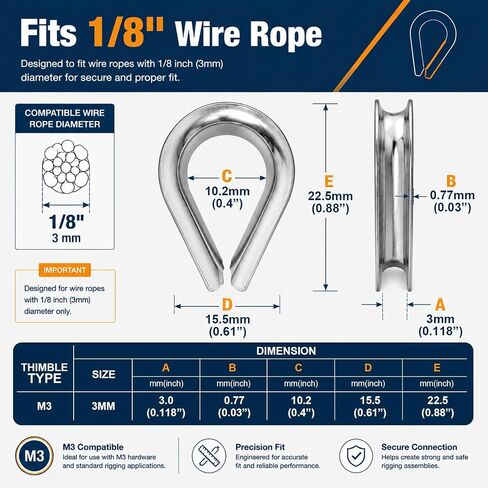 20 Pcs 1/8" Wire Rope Thimbles, 304 Stainless Steel Cable Thimble Fittings, M3 Compatible for Rigging, Marine & Industrial Use in Kuwait