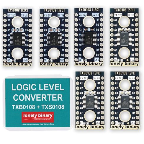 Lonely Binary 6-Pack TXB0108 TXS0108 8-Ch محول المستوى المنطقي لاردوينو | 3x TXB0108 (SPI/دفع وسحب) + 3x TXS0108 (I2C/استنزاف مفتوح)؛ 8 قنوات ثنائية الاتجاه، ذات اتجاه تلقائي؛ 1.2-3.6 فولت إلى 1.65-5.5 فولت in Kuwait