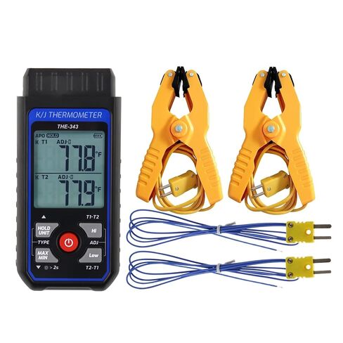 Thermocouple Thermometer HVAC Temperature Meter, Digital Temperature Thermometer with 2 Temperature Clamp & 2 Wired Thermocouple Probes, Dual Channel with Alarm & ADJ Compensation (-328~2500℉ Range) in Kuwait