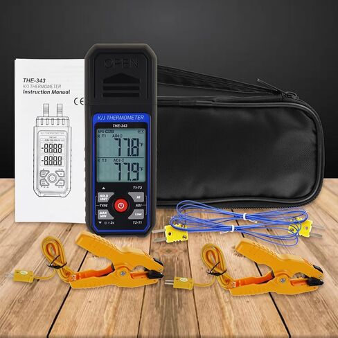 Thermocouple Thermometer HVAC Temperature Meter, Digital Temperature Thermometer with 2 Temperature Clamp & 2 Wired Thermocouple Probes, Dual Channel with Alarm & ADJ Compensation (-328~2500℉ Range) in Kuwait