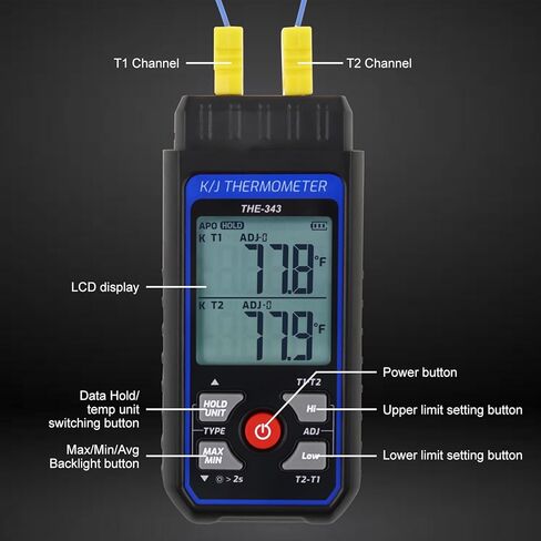 Thermocouple Thermometer HVAC Temperature Meter, Digital Temperature Thermometer with 2 Temperature Clamp & 2 Wired Thermocouple Probes, Dual Channel with Alarm & ADJ Compensation (-328~2500℉ Range) in Kuwait