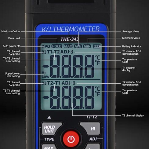 Thermocouple Thermometer HVAC Temperature Meter, Digital Temperature Thermometer with 2 Temperature Clamp & 2 Wired Thermocouple Probes, Dual Channel with Alarm & ADJ Compensation (-328~2500℉ Range) in Kuwait
