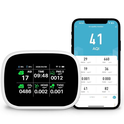 Smart Air Quality Monitor Indoor, WiFi Air Quality Tester with APP Remote Control for AQI CO2 PM2.5 HCHO TVOC Temperature Humidity, Wall-Mounted Air Detector for Home Office – Black in Kuwait