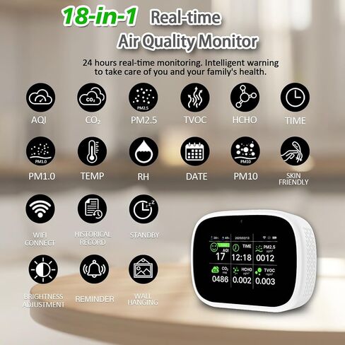 Smart Air Quality Monitor Indoor, WiFi Air Quality Tester with APP Remote Control for AQI CO2 PM2.5 HCHO TVOC Temperature Humidity, Wall-Mounted Air Detector for Home Office – Black in Kuwait