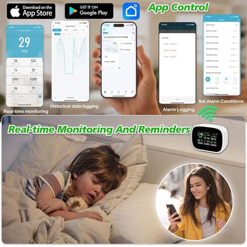 Smart Air Quality Monitor Indoor, WiFi Air Quality Tester with APP Remote Control for AQI CO2 PM2.5 HCHO TVOC Temperature Humidity, Wall-Mounted Air Detector for Home Office – Black in Kuwait