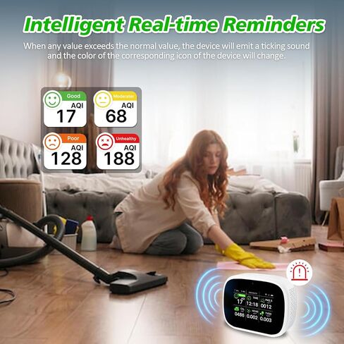 Smart Air Quality Monitor Indoor, WiFi Air Quality Tester with APP Remote Control for AQI CO2 PM2.5 HCHO TVOC Temperature Humidity, Wall-Mounted Air Detector for Home Office – Black in Kuwait