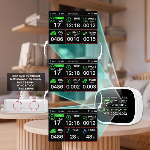 Smart Air Quality Monitor Indoor, WiFi Air Quality Tester with APP Remote Control for AQI CO2 PM2.5 HCHO TVOC Temperature Humidity, Wall-Mounted Air Detector for Home Office – Black in Kuwait