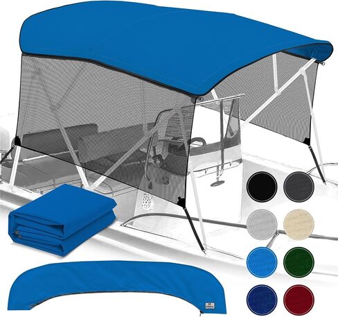 Universal 4 Bow Bimini Top Replacement Canvas & Detachable Sidewalls with Storage Boot, 900D Marine Grade Sun Shade Boat Canopy with Mesh Side Blocks, No Frame, 91-96" W, Pacific Blue in Kuwait