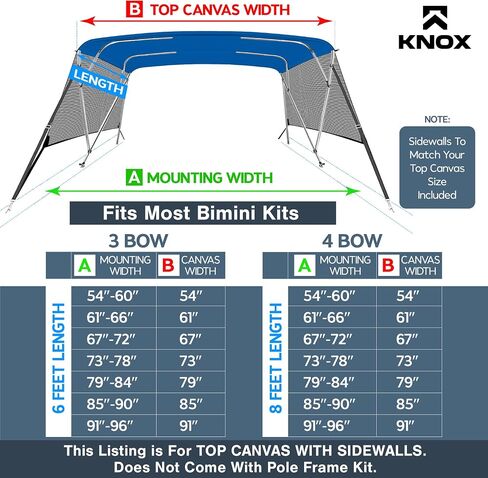 Universal 4 Bow Bimini Top Replacement Canvas & Detachable Sidewalls with Storage Boot, 900D Marine Grade Sun Shade Boat Canopy with Mesh Side Blocks, No Frame, 91-96" W, Pacific Blue in Kuwait