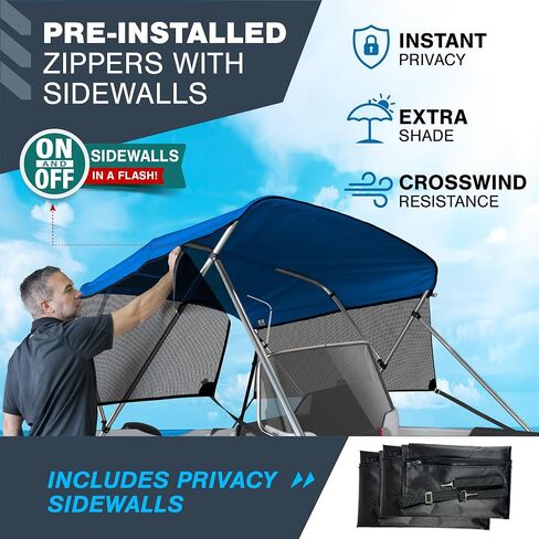 Universal 4 Bow Bimini Top Replacement Canvas & Detachable Sidewalls with Storage Boot, 900D Marine Grade Sun Shade Boat Canopy with Mesh Side Blocks, No Frame, 91-96" W, Pacific Blue in Kuwait