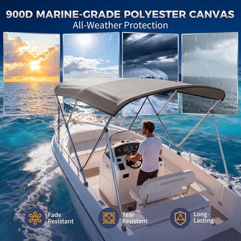 غطاء قماش بديل من 3 Bow Bimini - بوليستر 900D مع حذاء تخزين، مظلة قارب مقاومة للماء والأشعة فوق البنفسجية بدون إطار لقوارب جون والقوارب العائمة (رمادي، 6'L × 46-67 بوصة عرض × 72 بوصة ارتفاع) in Kuwait