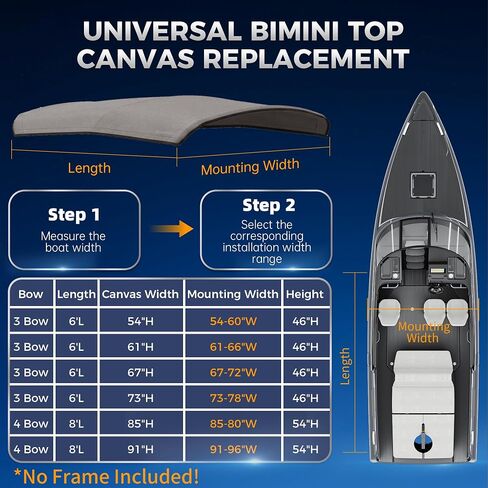 غطاء قماش بديل من 3 Bow Bimini - بوليستر 900D مع حذاء تخزين، مظلة قارب مقاومة للماء والأشعة فوق البنفسجية بدون إطار لقوارب جون والقوارب العائمة (رمادي، 6'L × 46-67 بوصة عرض × 72 بوصة ارتفاع) in Kuwait