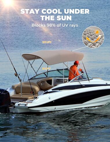KEMIMOTO Bimini Top Replacement for Pontoon Boats 4 Bow 600D Marine Grade Waterproof Canvas Boat Canopy Sun Shade with Storage Net and Light Hole Easy Install No Frame in Kuwait