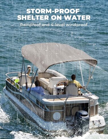 KEMIMOTO Bimini Top Replacement for Pontoon Boats 4 Bow 600D Marine Grade Waterproof Canvas Boat Canopy Sun Shade with Storage Net and Light Hole Easy Install No Frame in Kuwait