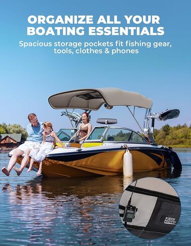 KEMIMOTO Bimini Top Replacement for Pontoon Boats 4 Bow 600D Marine Grade Waterproof Canvas Boat Canopy Sun Shade with Storage Net and Light Hole Easy Install No Frame in Kuwait